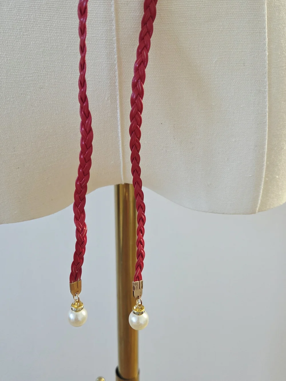 Red Thin Braided Belt With Pearl Decor